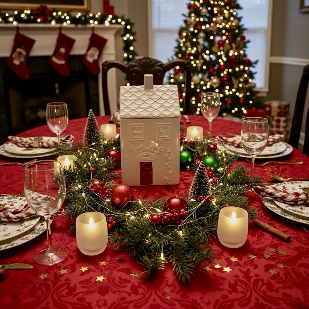 Crate & Barrel White Ceramic House Cookie Jar Lid Red Door Holiday Has Crazing